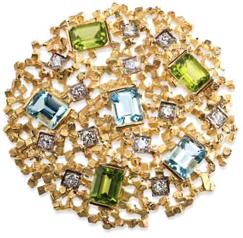 Brooch of 18ct yellow gold John Donald, Brooch of 18ct yellow gold textured cubes set aquamarines and peridots with diamonds set into white gold square plates