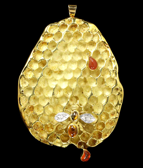 Pendant, cast from a piece of natural honeycomb John Donald, Pendant, cast from a piece of natural honeycomb, set Mexican fire opal drops and bee set diamonds and cabochon citrines