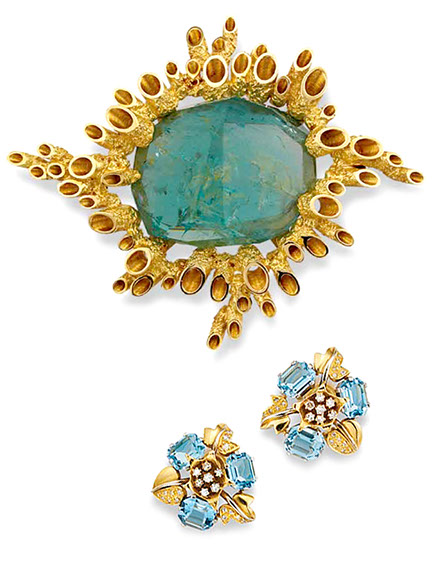 Brooch in 18ct yellow gold John Donald, Brooch in 18ct yellow gold radiating round tubes, Earrings of 18ct yellow and white gold