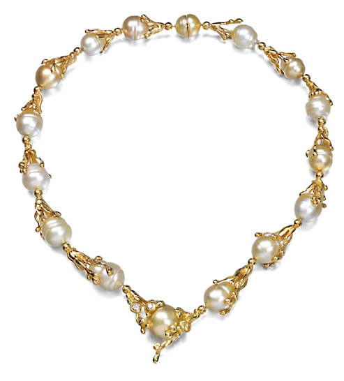 Necklace of 18ct yellow gold John Donald, Necklace of 18ct yellow gold melted wires, dripping on to baroque South Sea pearls