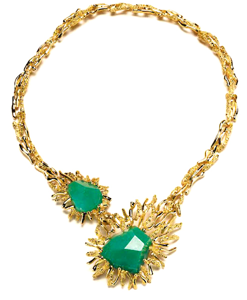 Necklace of 18ct yellow gold John Donald, Necklace of 18ct yellow gold textured and polished wavy wires with cut and polished chalcedony centrepiece