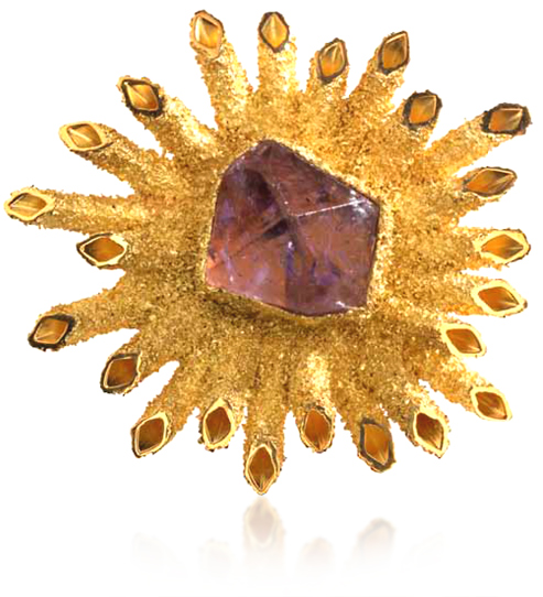 Brooch in 18ct yellow gold John Donald, Brooch in 18ct yellow gold radiating square tubes, with granulation and set with natural crystal of amethyst