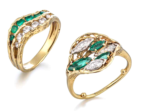 Rings of 18ct yellow gold John Donald, Ring of 18ct yellow gold serpentine top set one row of emeralds
