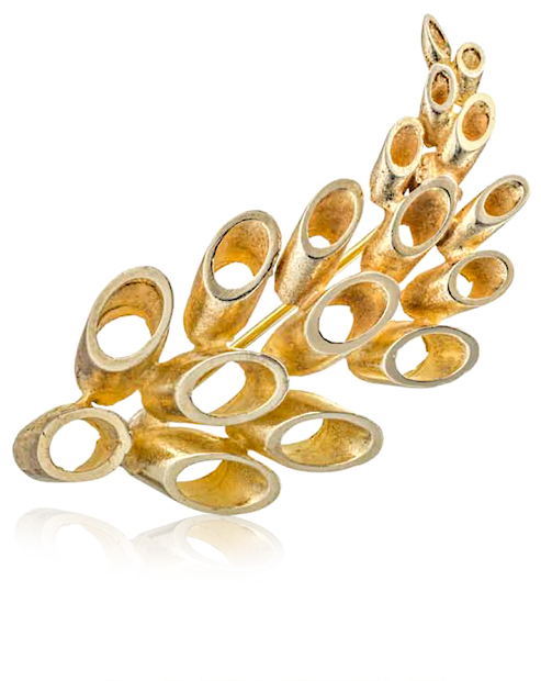 Brooch of round tubes John Donald, Brooch of silver gilt round tubes cut at angles and polished, in leaf form