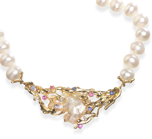 Centrepiece of melted wavy rods John Donald, Centrepiece of melted wavy rods set irregular shaped freshwater pearl, with pink and blue sapphires and diamonds